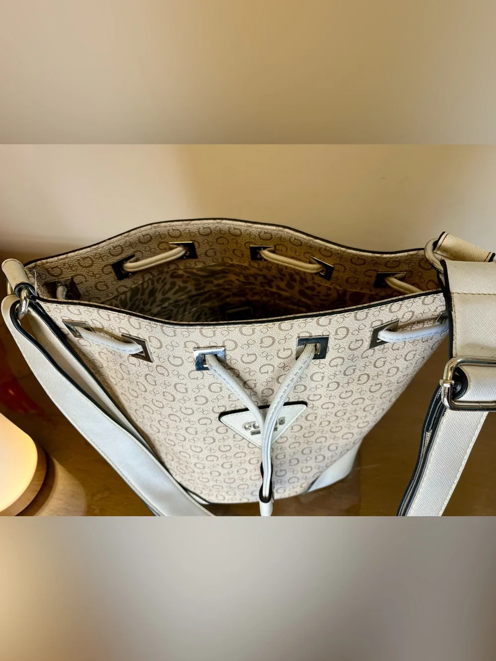 Guess Small Crossbody Bucket Bag, Monogram, Signature, Ivory, Coated, Adjustable